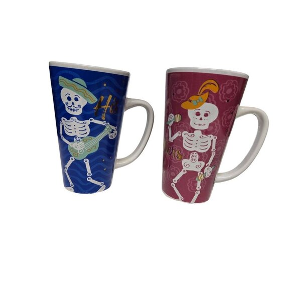 His &‎ Hers Skeleton Coffee Mugs Ceramic 16 oz Dia de Los Muertos Design - Picture 4 of 9